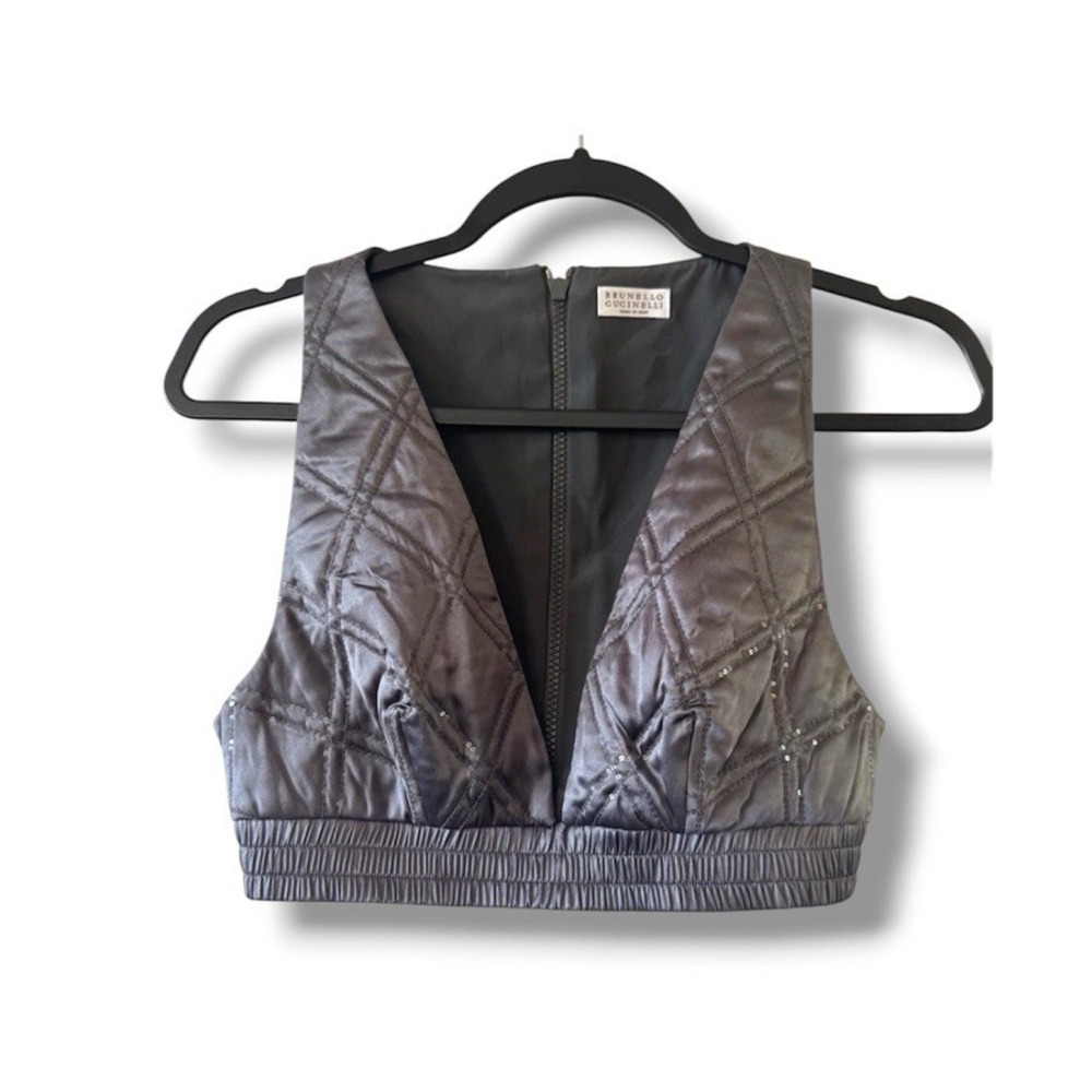 Brunello Cucinelli Gray Silk Sequin Formal Crop Top Women's Small NWT $1650 MSRP